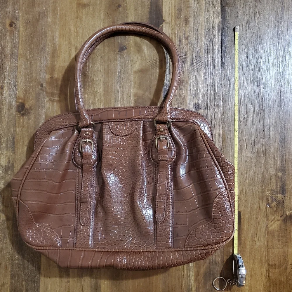 Women's Worthington Belted Satchel Handbag Purse Bag - Faux Croc Cognac Brown